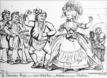 Der Devonshire Menuett, getanzt zu antiker britischer Musik durch Westminster während der Wahl, Druck von William Paulet Carey